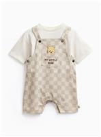 Beige Checkerboard Winnie The Pooh Print Dungarees & T-Shirt Set 6-9 months