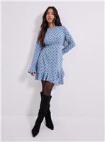 DOROTHY PERKINS Blue Spot Petite Ruffle Sleeve Frill Detail Printed Mini Dress 12