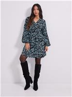 DOROTHY PERKINS Petite Blue V Neck Smock Blouson Sleeve Printed Mini Dress 10