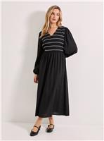 DOROTHY PERKINS Contrast Stitching Shirred Bodice V Neck Midi Dress 8