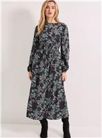 DOROTHY PERKINS Purple Floral Gathered Waist Detail Blouson Sleeve Printed Midi Dress 14