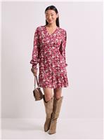 DOROTHY PERKINS Petite Pink Ditsy Frill Detail Tiered Smock Printed Mini Dress 16