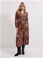DOROTHY PERKINS Leopard Button Through Blouson Sleeve Tiered Frill Midi Dress 14