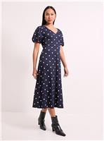 WALLIS Navy Spot Print Jersey V Neck Midi Tea Dress 14