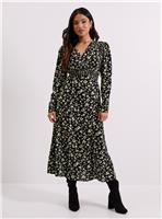 DOROTHY PERKINS Petite Yellow Animal Shirred Waist Button Detail Midi Dress 12