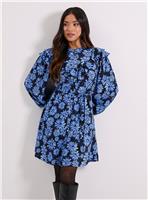 DOROTHY PERKINS Petite Blue Daisy Frill Yoke Belted Mini Shirt Dress 8