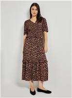 DOROTHY PERKINS Leopard Empire Shirred Bodice Button Detail Maxi Dress 16
