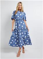 DOROTHY PERKINS Blue Spot Shirred Waist Angel Sleeve Tiered Maxi Dress 16