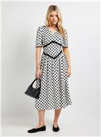 DOROTHY PERKINS Mono Spot Lace Detail Dropped Waist V Neck Printed Midi Dress 10