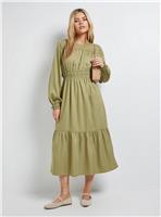 DOROTHY PERKINS Shirred Bodice Tiered Stripe Midi Dress Green 8
