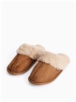 Tan Suede Fur Trim Mule Slippers L