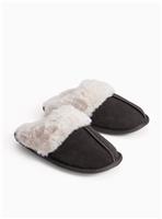 Charcoal Suede Fur Trim Mule Slippers S