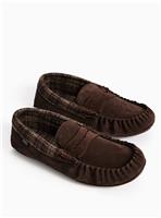 Brown Check Trim Suede Moccasin Slippers 9