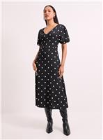 WALLIS Black Spot Print Jersey V Neck Midi Tea Dress 12