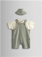 JOJO MAMAN B&Eacute;B&Eacute; 3 Piece Stripe Dungarees & T Shirt Set With Hat Up To 3 mths