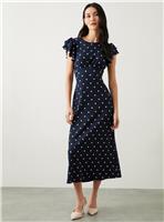 DOROTHY PERKINS Navy Spot Print Ruffle Sleeve Empire Jersey Midi Dress 8
