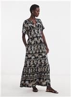 JD WILLIAMS Soft Touch Notch Neck Maxi Dress Black Abstract Print 32