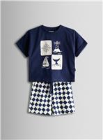 JOJO MAMAN B&Eacute;B&Eacute; 2 Piece Nautical Printed T Shirt & Short Set Navy 2-3 Years