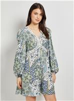DOROTHY PERKINS Paisley Lace Trim Long Sleeve Printed Mini Dress Green 10