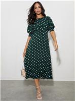 DOROTHY PERKINS Green Spot Short Sleeve Shirred Cuff Midi Dress 18