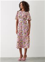 DOROTHY PERKINS Pink Floral Flutter Sleeve Shirred Waist Midi Dress 10