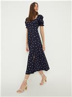 DOROTHY PERKINS Navy Spot Sweetheart Neckline Midi Dress 8