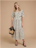 DOROTHY PERKINS Mono Spot Wrap Front Puff Sleeve Tiered Midaxi Dress 14