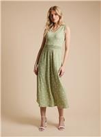 DOROTHY PERKINS Green Spot Frill Neck Shirred Waist Printed Jersey Midi Dress 14