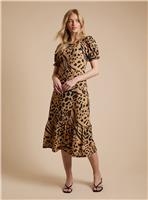 DOROTHY PERKINS Animal Frill Neck Puff Sleeve Printed Jersey Midi Dress 8