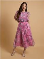 OASIS Petite Printed Pleated Mesh Midi Dress with Flutter Sleeve 16