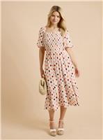 DOROTHY PERKINS Cream Spot Shirred Bodice Flutter Sleeve Midi Dress 8