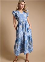 DOROTHY PERKINS Blue Paisley Lace Trim V Neck Printed Poplin Midaxi Dress 14