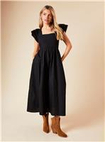 DOROTHY PERKINS Black Lace Trim Ruffle Sleeve Poplin Midi Dress 12