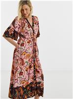 JD WILLIAMS Pink Floral Border Print Frill Sleeve Midaxi Dress 26