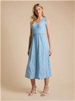 DOROTHY PERKINS Blue Ditsy Frill Neck Shirred Waist Printed Jersey Midi Dress 16