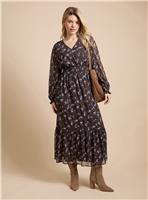 DOROTHY PERKINS Chocolate Floral Wrap Front Blouson Sleeve Printed Chiffon Tiered Maxi Dress 10