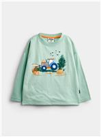 JOJO MAMAN BB Painterly Tractor Scene Printed Top Light Green 4-5 Years