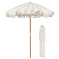 Harbour Housewares Wooden Garden Parasol with Tassel Fringe 1.4M - Beige Stripe