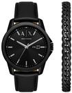 Armani Exchange Men's Black Leather Strap Watch Set