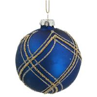 Gisela Graham 12 x Matt Blue Glass Ball w Multi Gold Trellis