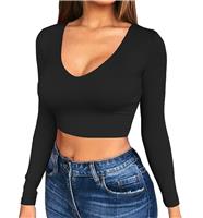 Artfish Ladies Long Sleeve V Neck Crop Top Slim Fitted Sexy Yellow,S