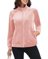 MAGCOMSEN Womens Full Zip Velvet Jacket Long Sleeve Pockets,Pink,XL