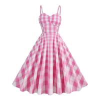 Women Vintage Retro Dress Spaghetti Strap 1950s Strap-Pink White