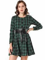 Allegra K Women's Plaids Long Sleeves Button Down Belted Green L-16