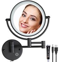 RECKODOR Lighted Wall Mounted 1X/5X Brass Mirror,360 Extendable Black