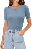 KISSMODA Ladies Slim Shirts Short Sleeve Blouses with Crew Neck