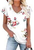 HOTGIFT Summer Woman Petal Sleeve V-Neck Tshirt Loose White X-Large