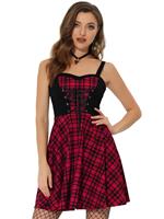 Allegra K Women's Party Dress Plaid Lace Up Sweetheart Flared Red 4