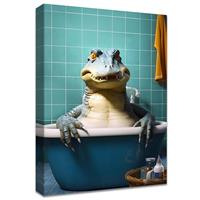 Crocodile in The Bathtub Wooden Framed Canvas Wall Green Blue 40x60cm