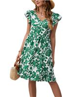 Asoodiy Ruffle Midi Dress Women Floral Printed Casual Dress Green
